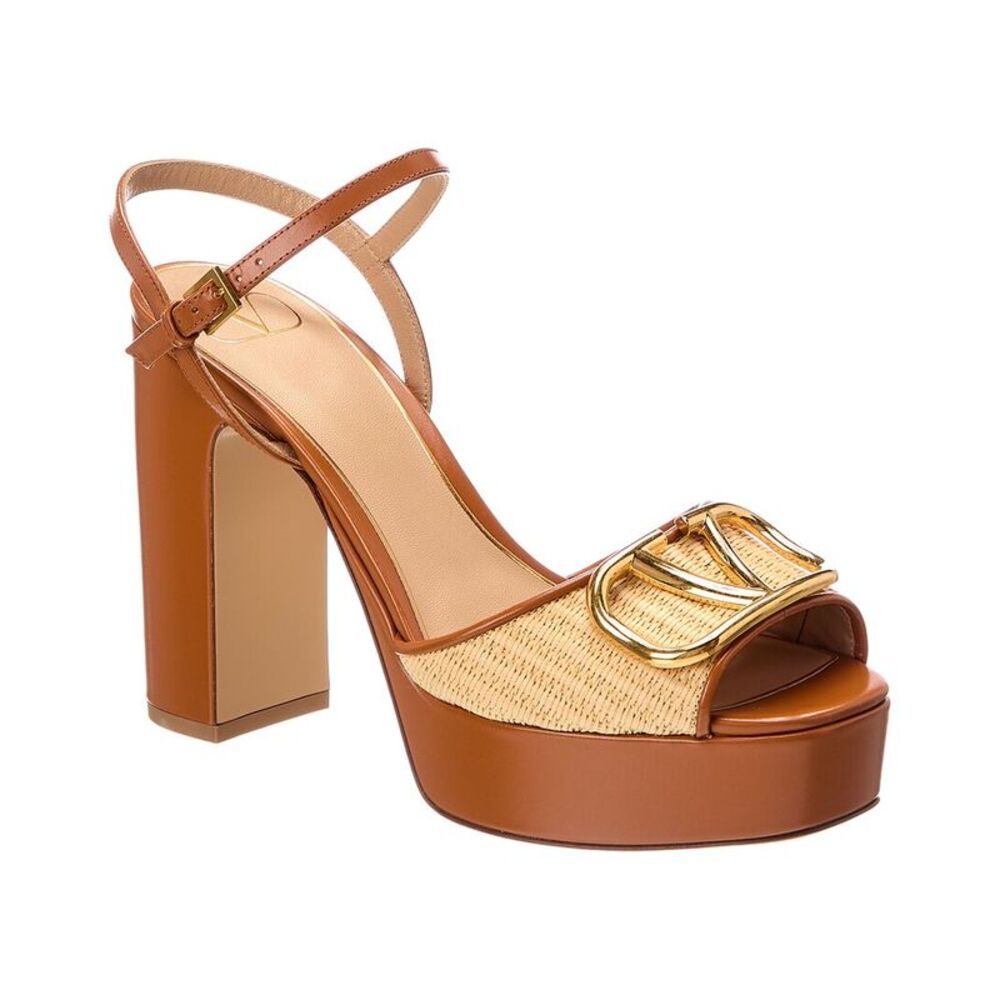 Valentino Vlogo Signature Raffia & Leather Sandal, Brown